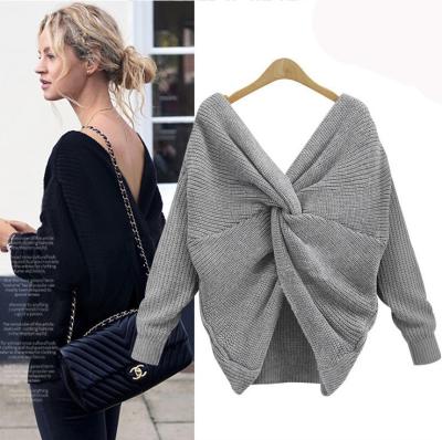 China New V-Neckline Anti-Pilling Knotted Sweater Cross Back Fashion Casual Long Sleeve for sale