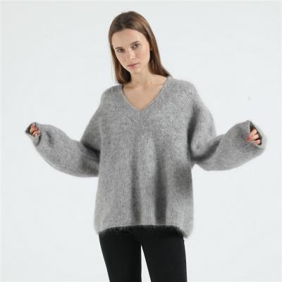 China Wholesale anti-pilling clothing fashion Canton sweater mohair designed solid ladies knitted long sleeve v neck women's sweater pullover for sale