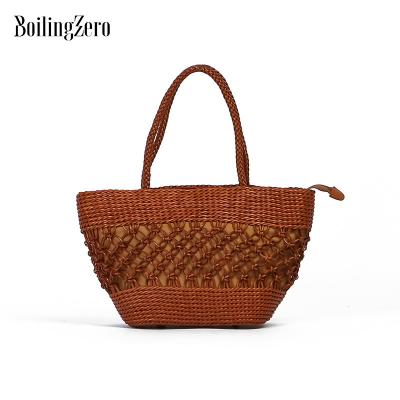 China Other Handmade Woven Genuine Leather Lady Bags Straw Knitting Tote Bags 2022 Fashion Vintage Handbag for sale