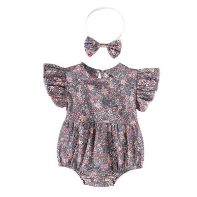 China Breathble Cozy Summer Baby Ruffled Floral Romper With Headband for sale