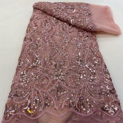 China Viable French Luxury Sequin Embroidery Bead Lace Classic Design High Quality Wedding Dress Fabric for sale