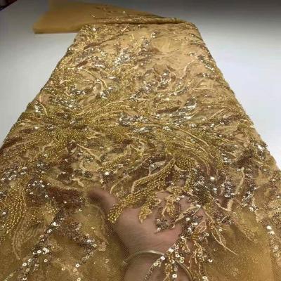 China Durable Heavy Glass Beaded Canton Tulle Sequin Lace Dress Making Fabric for sale