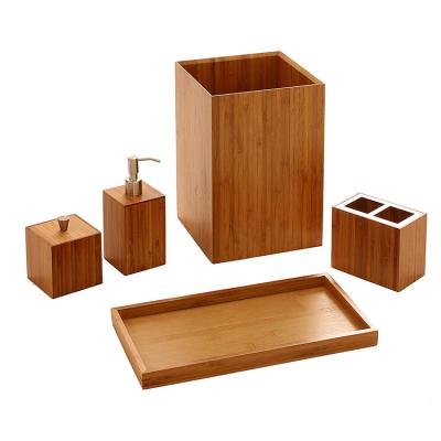 China Sustainable Bamboo Bathroom Accessories Sets Complete With Soap Dispenser Holde Wastebin Toothbrush for sale