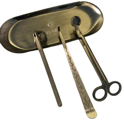 China Antique Shear Care Kit Set Old Copper Color Antique Brass Green Candle Old Candle Mood Sniffer Trimmer Wick Set for sale