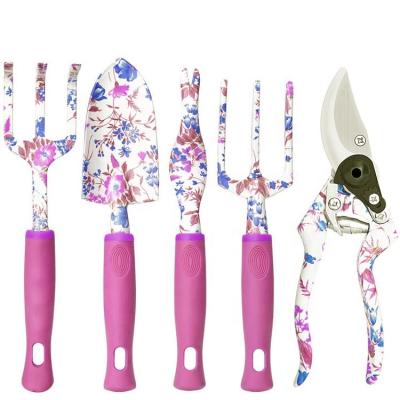 China Eco-friendly Floral Printing 5 PCS Heavy Duty Aluminum Gardening DIY Tools Tool Kit with Shears Garden Equipment Set for sale