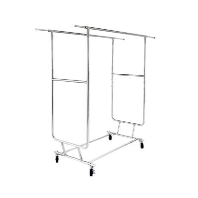 China Garment rack double rail commercial clothes rolling collapsible hanger stand for sale