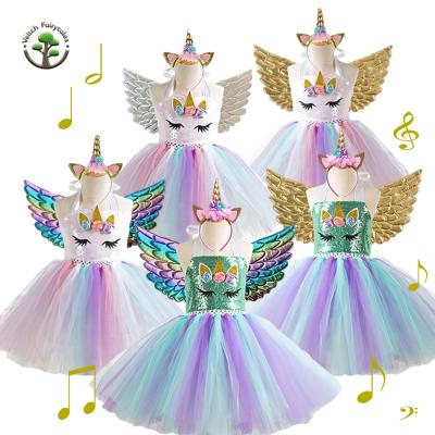 China Washable Unicorn Fluffy Layered Tulle Tutu Rainbow Sequin Costume Baby Kid Birthday Ball Party Cosplay Costume With Headband Wing for sale