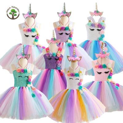 China Washable Unicorn Fluffy Layered Tulle Tutu Dress Rainbow Flower Princess Dress Up Child Little Girl Wedding Ball Gown Costume with Headband for sale