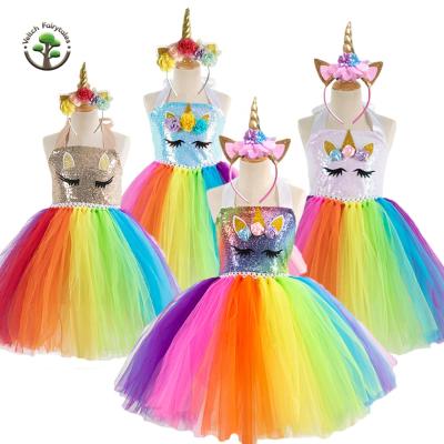 China Child Baby Wedding Birthday Party Cosplay Costume Sequin Rainbow Unicorn Fluffy Layered Tulle Tutu Dress Outfit With Headband for sale