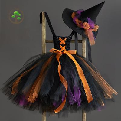 China Breathable Stage Witch Party Halloween Girl Toddler Kid Evil Queen Cosplay Costume Fluffy Layered Tulle Tutu Dress Outfit With Headband for sale