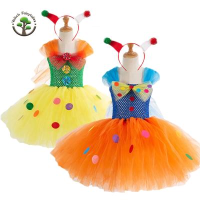 China Child Little Girl Christmas Party Stage Washable Circus Clown Dress Up Cosplay Costume Fluffy Layered Tulle Tutu Dress Outfit With Headband for sale