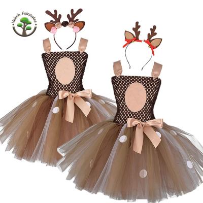 China Washable Kid Toddler Girl Christmas Photography Prop Reindeer Cosplay Costume Fluffy Layered Tulle Tutu Dress Outfit With Headband for sale