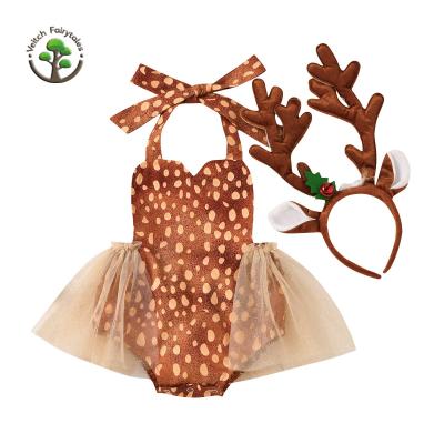 China Child Kids Girl Christmas Party Stage Reindeer Cosplay Washable Romper Costume Fluffy Layered Tulle Tutu Dress Outfit With Headband for sale