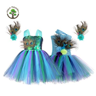 China Washable Kid Toddler Girl Wedding Ball Pageant Peacock Dress Up Cosplay Costume Tulle Tutu Dress Fluffy Layered Outfit With Headband for sale