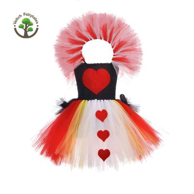 China Red Queen Toddler Girl Halloween Dress Washable Pageant Ball Red Queen Cosplay Costume Fluffy Layered Tulle Tutu Dress Outfit With Headband for sale