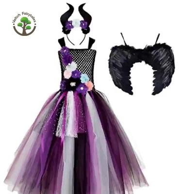 China Washable Witch Ball Wedding Girl Toddler Queen Evil Queen Dress Up Cosplay Costume Tulle Tutu Dress Fluffy Layered Outfit With Wing for sale