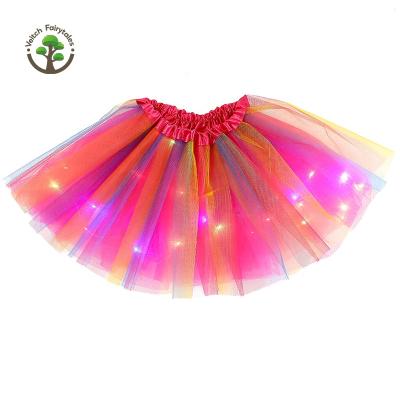 China Little Girl Breathable Carnival Child Cosplay Colorful Rainbow LED Light Up Mini Fluffy Layered Tulle Ballet Dance Tutu Skirt for sale