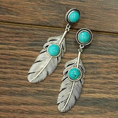 China BOHEMIA China Factory Wholesale Bohemian Feather Shape Inlaid Retro Popular Thai Silver Earrings 925 Silver Earrings Christmas Gifts for sale