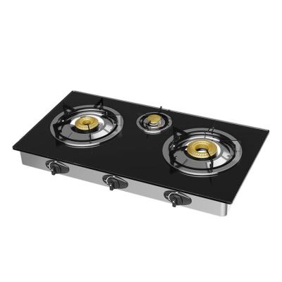 China Hotel New Product Stove Copper Cover Enamel Oven 3 Burner Tempered Glass Glass Gas Cooker for sale