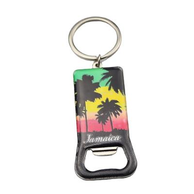 China Sustainable Jamaica Souvenir Luxury Custom Metal Printed Paper With Epoxy Bottle Opener Beer Motel Key Chain for sale