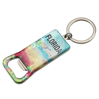 China Viable Personalized Custom Metallic Foil Luxury Beach Keepsake With Epoxy Sided Double Head Beer Bottle Opener Chain Ring for sale