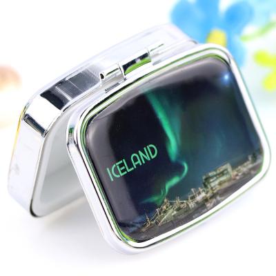 China Custom Logo Decorative Pill Case Stainless Steel Aurora Iceland Souvenir Daily Metal Pill Box Home Decoration for sale