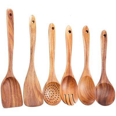 China Sustainable Wooden Kitchen Utensils Set6 PCE Wooden Spoons for Cooking Wooden Cooking Utensils Natural Teak Wooden Spoons For Non-stick Pan for sale