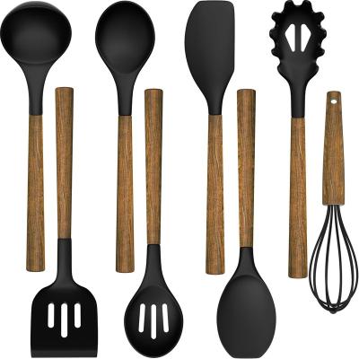 China Home Kitchen Cooking Silicone Cooking Utensil Set, 8-Piece Kitchen Utensils Set with Natural Acacia Wooden Handles,Food-Grade Silicone Heads-Silicone for sale