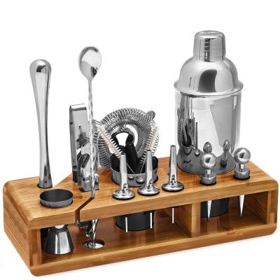 China Disposable 23 Piece Bartender Kit Cocktail Shaker Set Stainless Steel Bar Tools with Sleek Bamboo Stand Velvet Carry Bag for sale