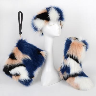 China China factory supply cheap thermal multi color plush furry headband and fur handbag set purse boots for sale