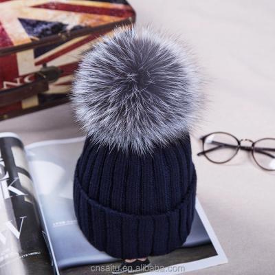 China Genuine COMMON Women's Winter Beanie Hat Flip Style With Fox Fur Pompom Raccoon Fur Pompom Headwear Tuque Beanie for sale