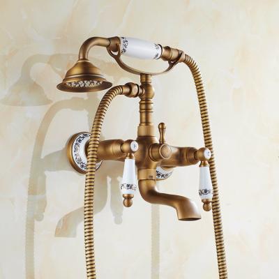 China With Slide Bar Bathroom Rain Shower Faucet Set Bathroom Shower Faucet Collection Wall Mounted Antique Brass Gold for sale