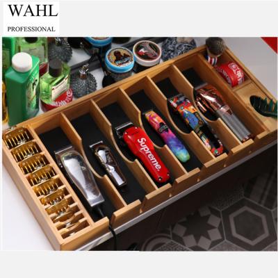 China Professional Salon Tools WAHL Barber Tool Clipper Scissors Brush Salon Product Display Rack Hairdressing Scissors Paint Wooden Storage Storage Box for sale