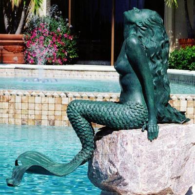 China Life Size Mermaid Statue Sculpture From Europe Beautiful Art Antique Patina Bronze Sitting By The Pool for sale