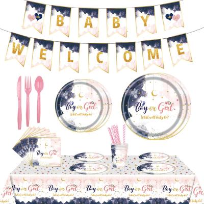 China Festival Decoration Top Grade Kind Reveal Party Supplies Paper Plates Disposable Napkins Table Cloth Sets Baby Welcome Banner For Party Decorations for sale