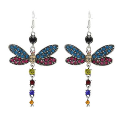 China TRENDY Ethnic Style Diamond Encrusted Multicolor Vintage Tassel Dragonfly Earrings For Women Long Earrings for sale