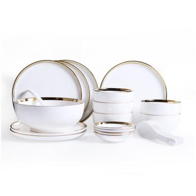 China Sustainable Hot Sale 26pcs White Gold Dinner Set Restaurant Plates Fine Bone China Ceramic Dinnerware for sale