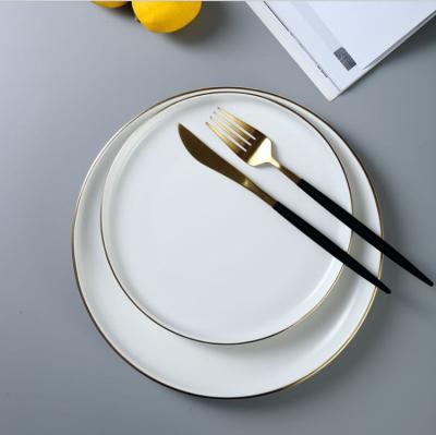 China Wholesale Viable White Glazed Round Shape Porcelain Ceramic Dinner Dish With Gold Rim for sale