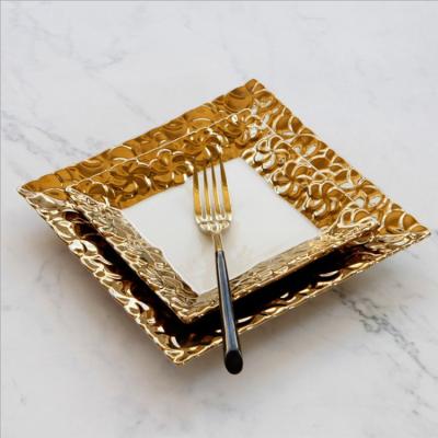 China Nordic Sustainable Hotel Food Dish Nordic Luxury Gold High End Rectangular Ceramic Dish for sale