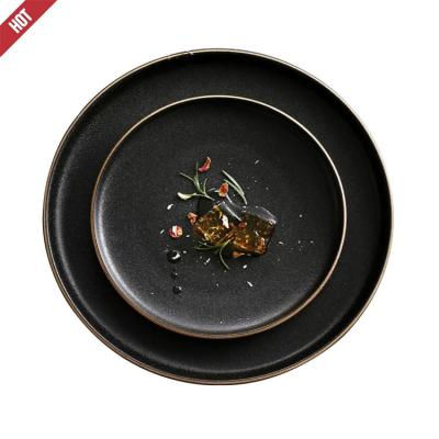 China Sustainable Cheap Creative Black Gold Rim Round Western Salad Steak Dish Dish For Home Hotel Used for sale