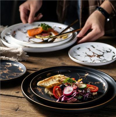 China Viable Hot Selling Steak Round Dessert Salad Bowl Nordic Marbling Gold Inlay Porcelain Matte Ceramic Tray for sale