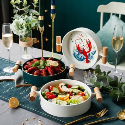 China Viable Hot Sale Nordic Style Ceramic Soup Dish Restaurant Crayfish Fruit Salad Bowl With Double Ear for sale