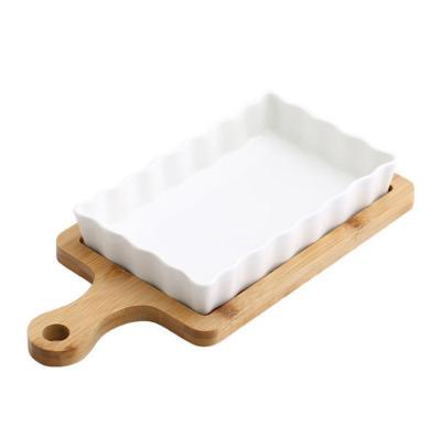 China Sale Restaurant Porcelain Bakeware Oven Hot Cheese Gratin Ceramic Baking Tray With Bamboo Pad for sale