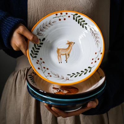 China Viable Japanese Ceramic Hand-painted Forest Salad Bowl Household Bowl Noodle Soup Animal Bowl for sale