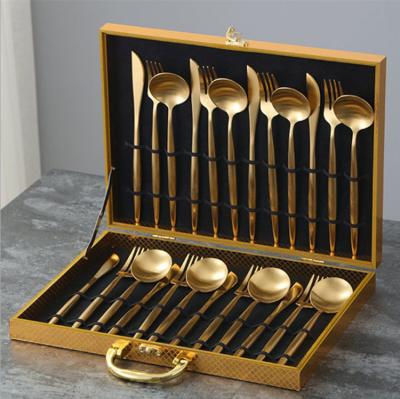 China Viable Luxury Portuguese Gold Plated Flatware Set 304 Stainless Steel Steak Knife Fork Spoon 24pcs Western Gift Set for sale