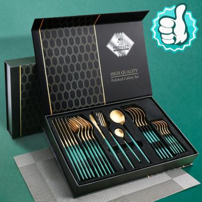 China Viable 304 Stainless Steel Luxury Portuguese Cutlery Golden Spoon 24 Piece Cutlery Sets For Gifts Can Be Customized for sale