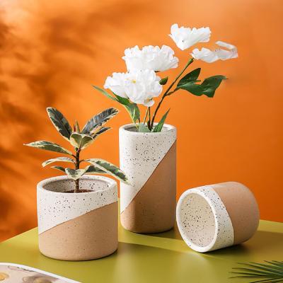 China Europe Amazon style porcelain cheap gardening desktop flower pot set with sesame glaze ceramic wholesale for sale