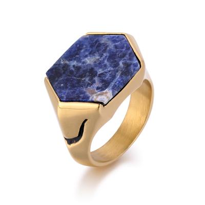 China Environmental Friendly Fashion Design Custom Jewelry Stainless Steel Blue Grain Stone Black Agate Gemstone Men Ring for sale