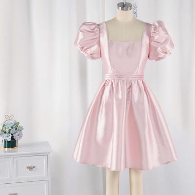 China OEM ODM Anti-Static Bubble Lines One Sleeves Square Collar Supper Dusty Pink Ruffle Short Dresses for sale