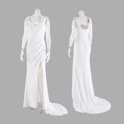 China Custom Logo Simple V-Neck Fishtail Anti-Static Ruched Slit Trailing Dress White Wedding Dresses for sale